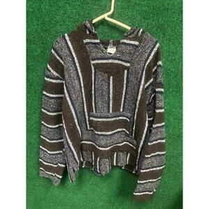 Baja Mexican Woven Hooded Pullover - Front Jacket Mid Pocket Multicolor Sz Large